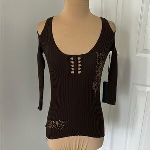 Ed Hardy Brown Ribbed Rhinestone Cold Shoulder Sweater